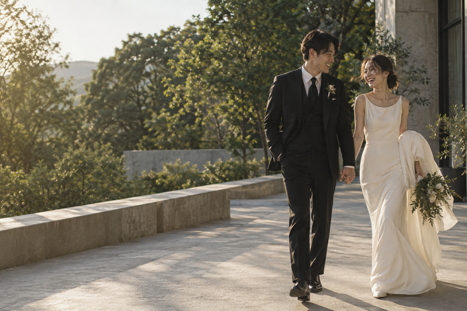 庭に面したテラスで手をつなぐ新婚のふたり